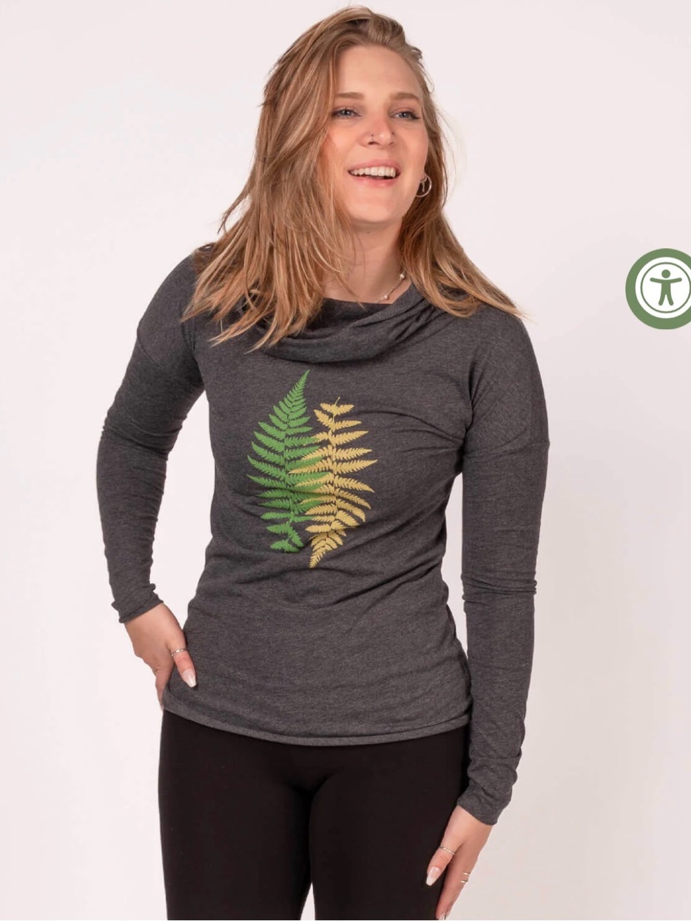 Soul Flower Charcoal Long-Sleeve Top with Green and Yellow Fern Print